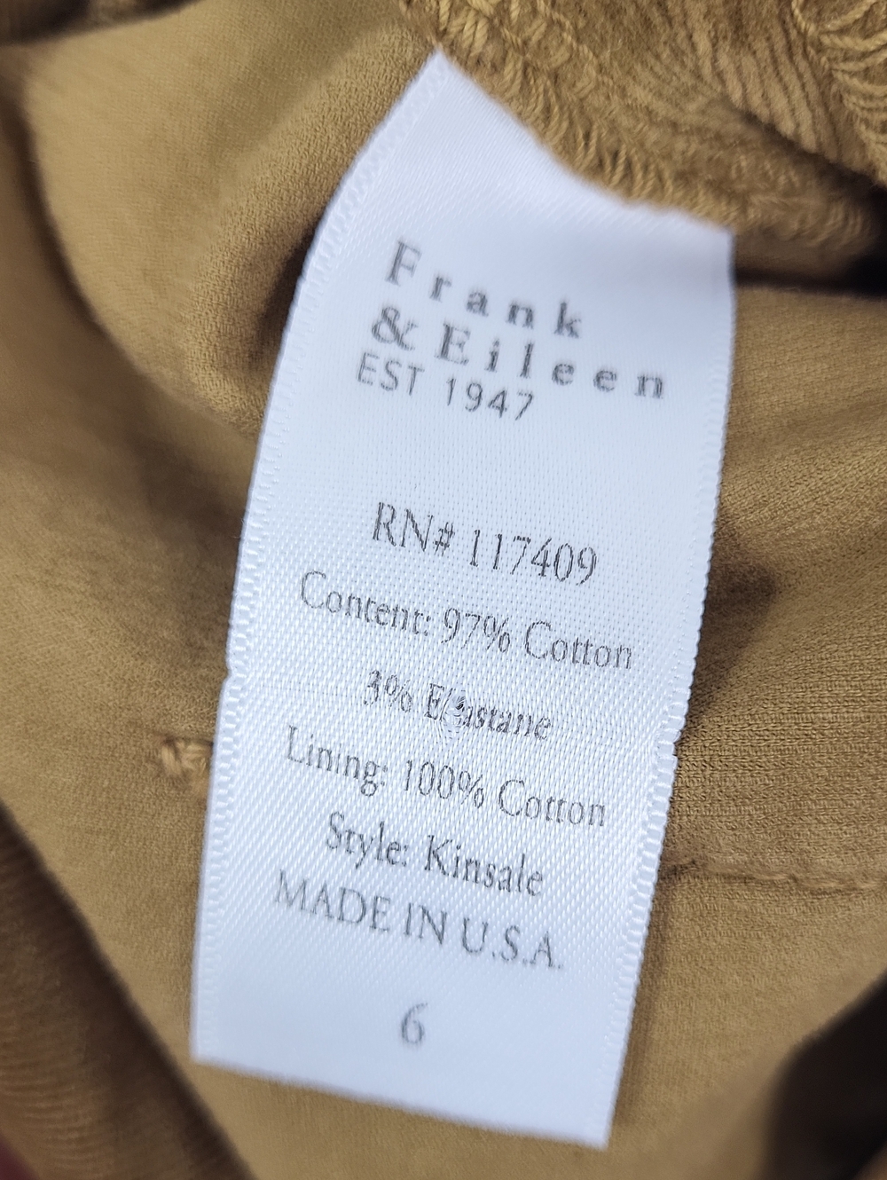 Frank & Eileen Pants Kinsale in Chestnut Brown Corduroy. Size 6 - Picture 10 of 11